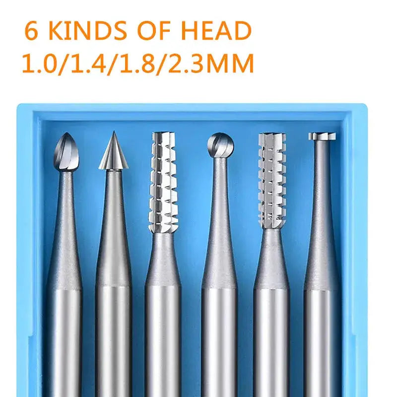6 Piece Tungsten Steel Engraving Cutter Set 2.35mm Shank For Electric Carving Machines Cutting Size 1.0 To 2.3mm