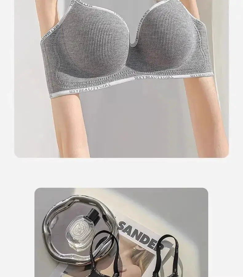 Wireless push-up bra in gray ribbed fabric with adjustable straps and seamless design.