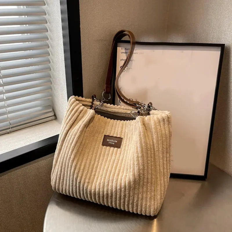 Women corduroy shoulder bag beige, large capacity Simples Market