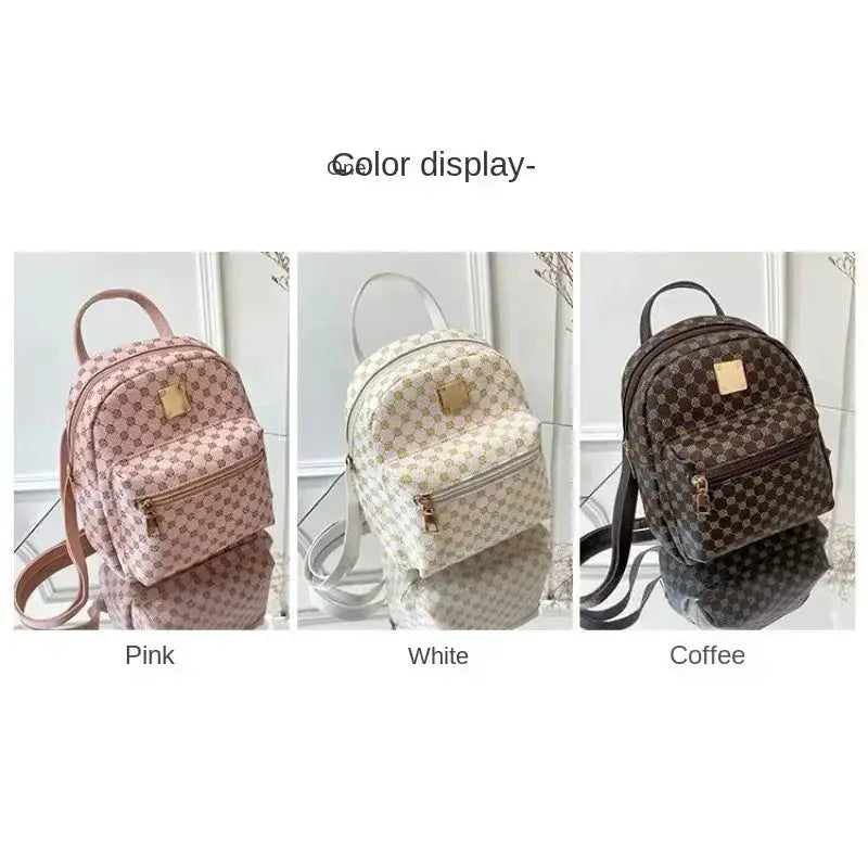 Classic women's backpack by Simples Market in pink, white, and coffee color variants with front zip pocket