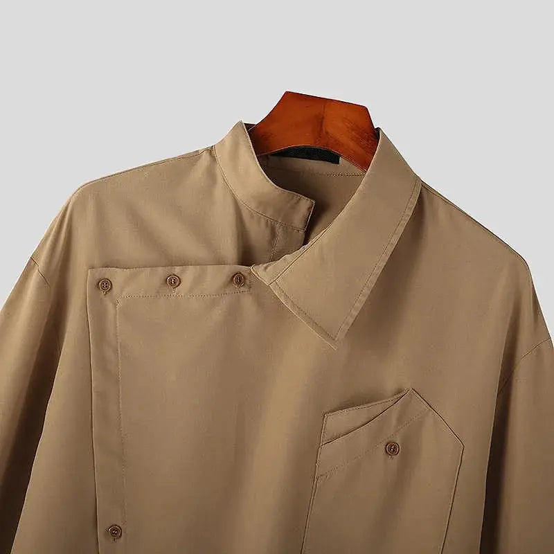 Beige irregular-buckle lapel shirt for men, long-sleeve with chest pocket and button accents.
