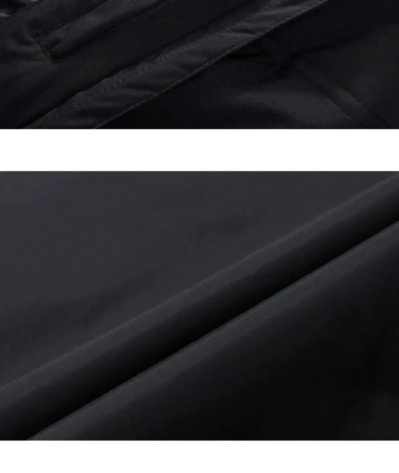 Men's down jacket fabric close-up; black padded outer shell with quilted stitching