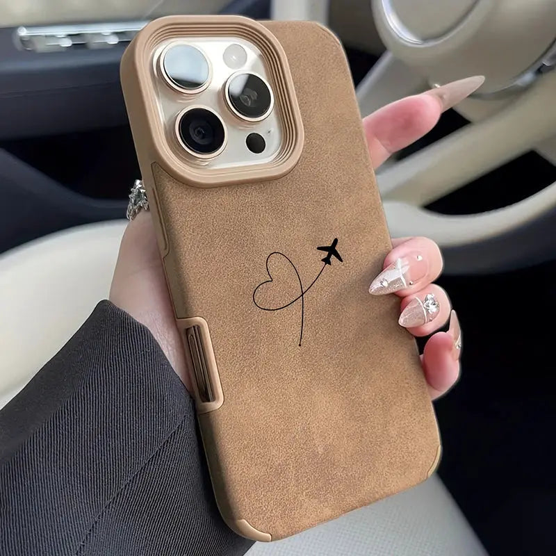 iPhone case in tan faux leather with airplane heart route design