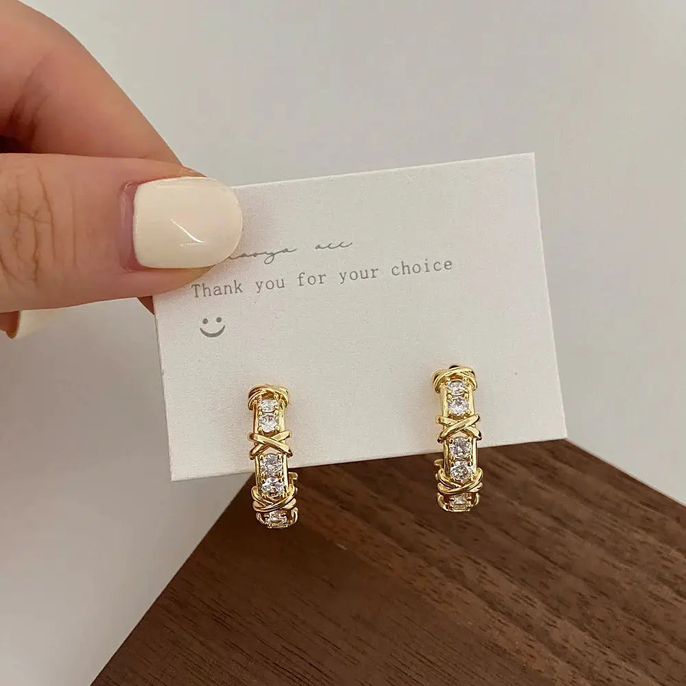 Women Stud Earrings Cubic Zirconia Cross Geometric Design Korean Fashion Jewelry Gift Wholesale