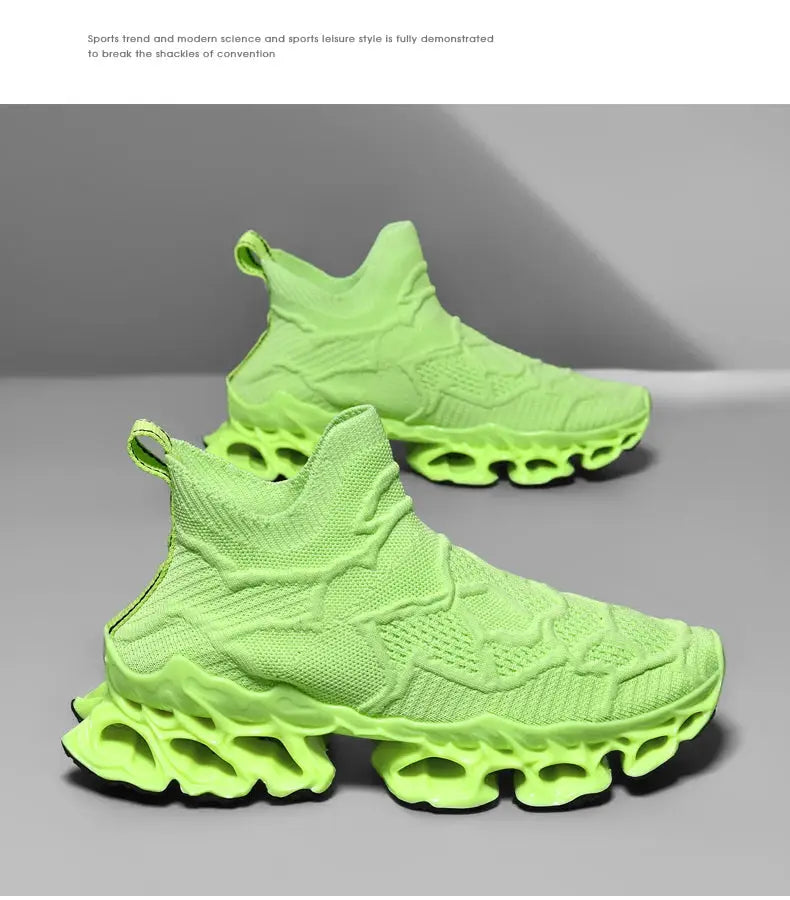 Simples Market neon-green men's sneakers with breathable knit upper and sculpted hollow sole (2 shoes)