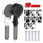 Simples Market 10-mode handheld showerheads with filters; white and black models and replaceable cartridges