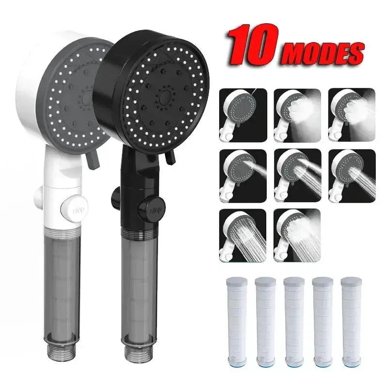 Simples Market 10-mode handheld showerheads with filters; white and black models and replaceable cartridges
