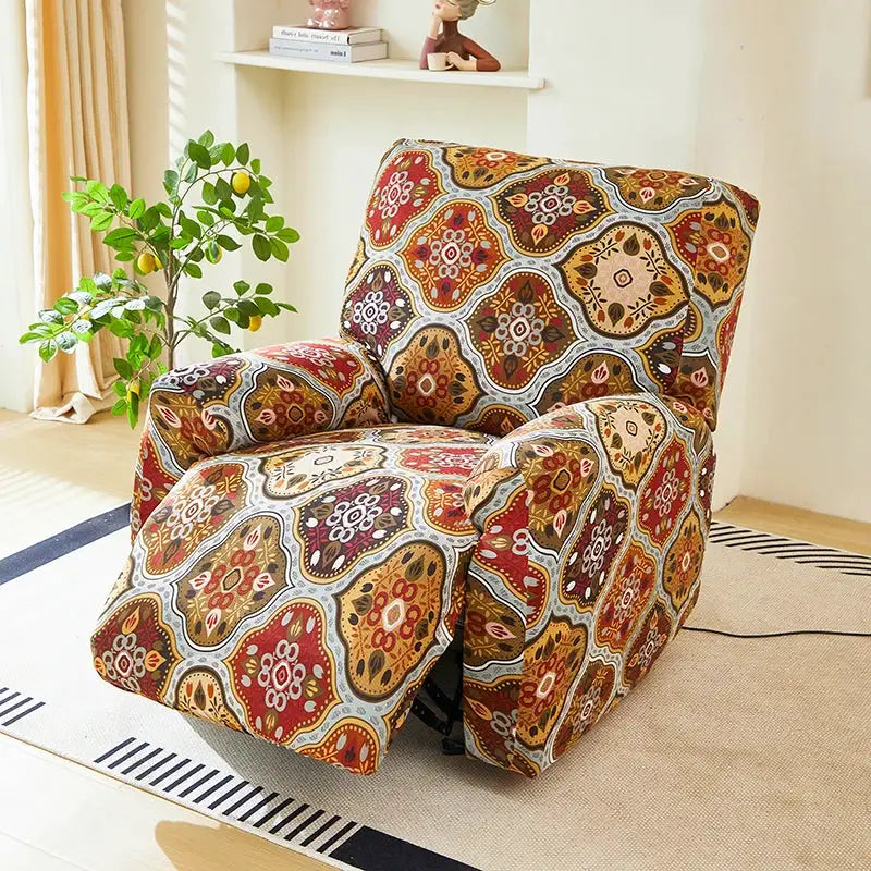 Stretch recliner chair cover in a multicolor floral geometric pattern