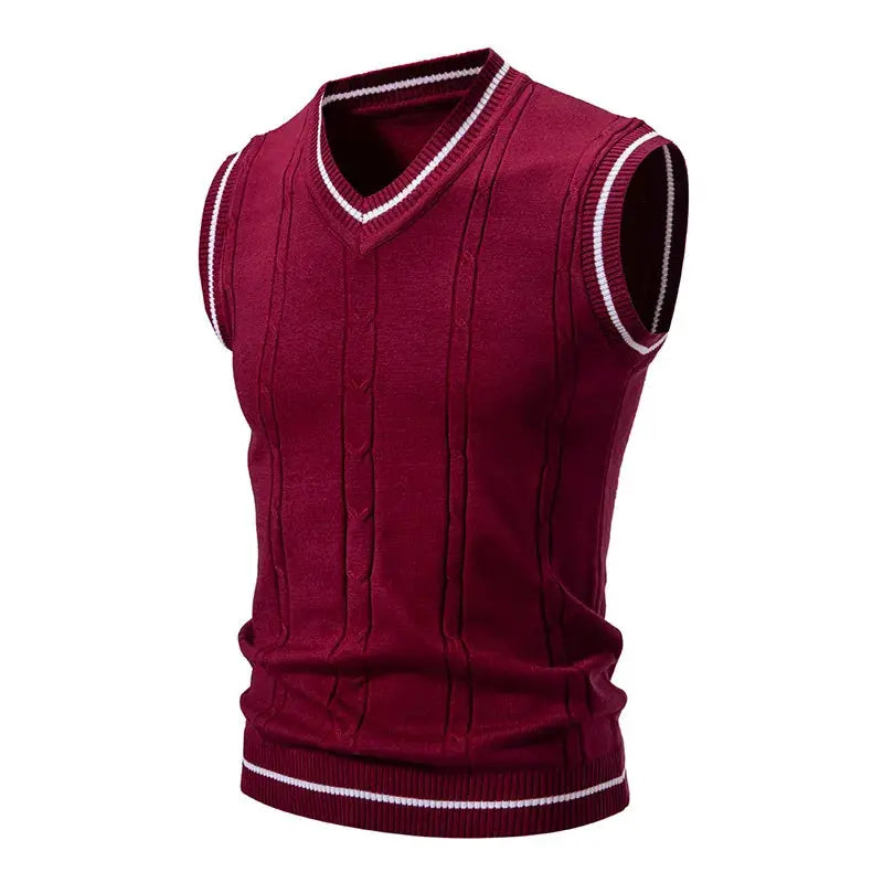 Men's burgundy V-neck sleeveless knit vest with vertical cable panels and white-striped rib trim.