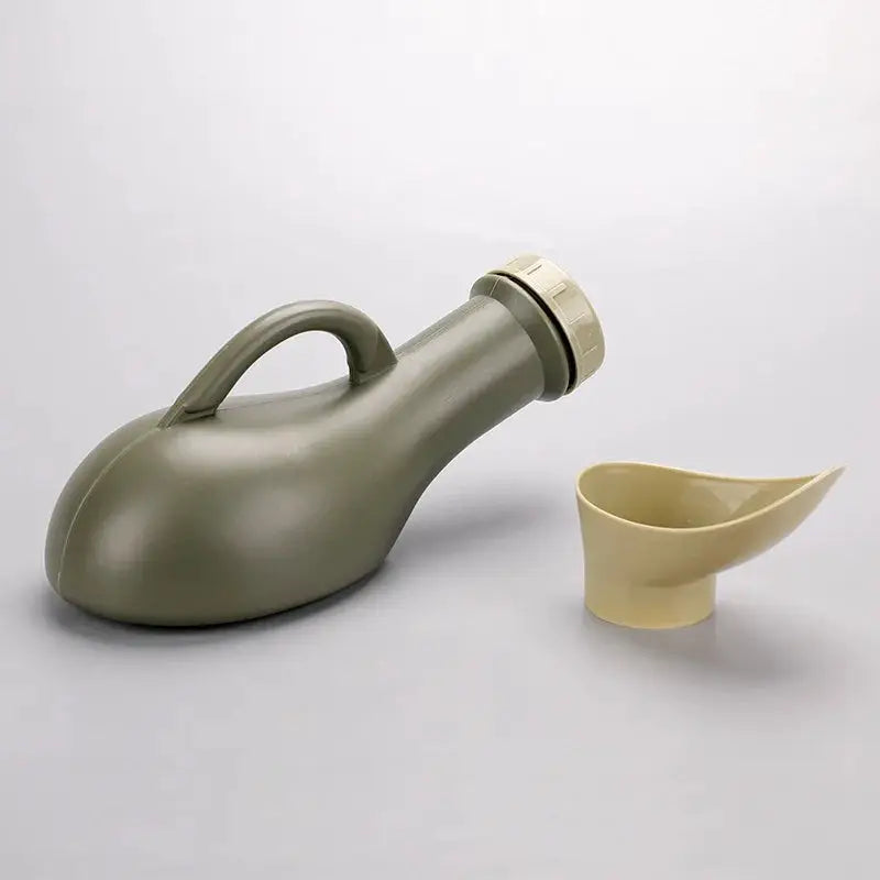 Simples Market lightweight portable plastic male urinal bottle with cap, olive-green with beige funnel attachment