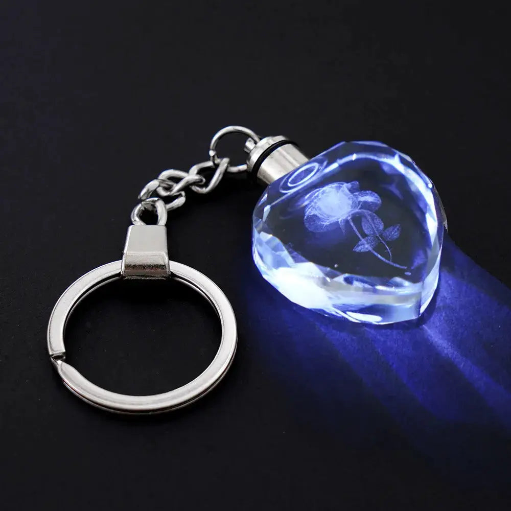 Love Heart LED Light Keychain With Colorful Fairy Rose Pattern Crystal Rhinestones
