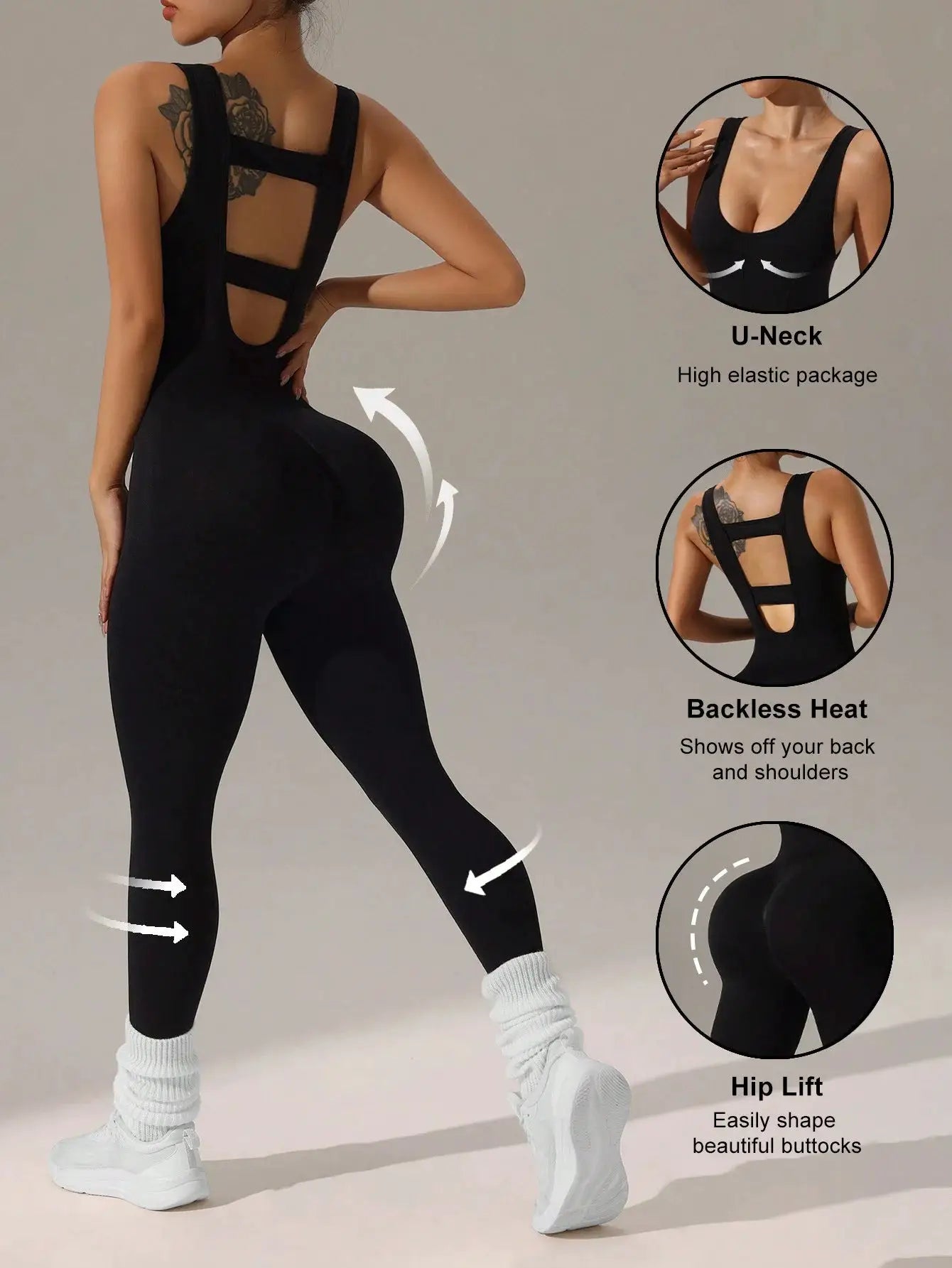 Simples Market women's black vest jumpsuit with hollow back straps, U-neck, elastic soft yoga running suit