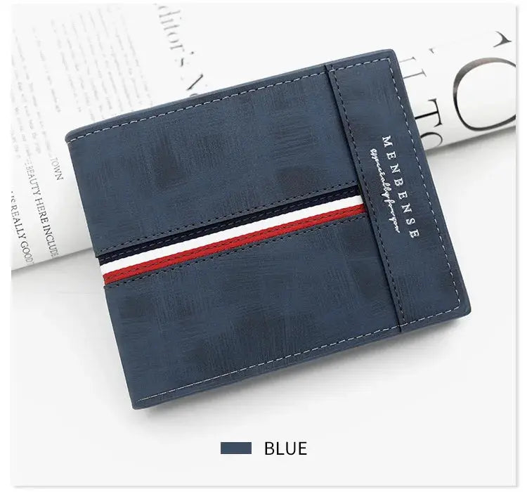 Blue PU leather men's wallet by Simples Market with white and red stripe accent