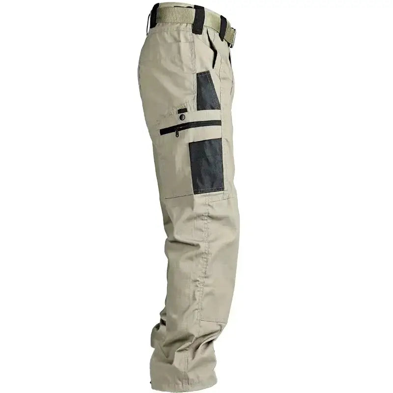 Men's beige waterproof cargo pants by Simples Market with multiple pockets and black patch panels