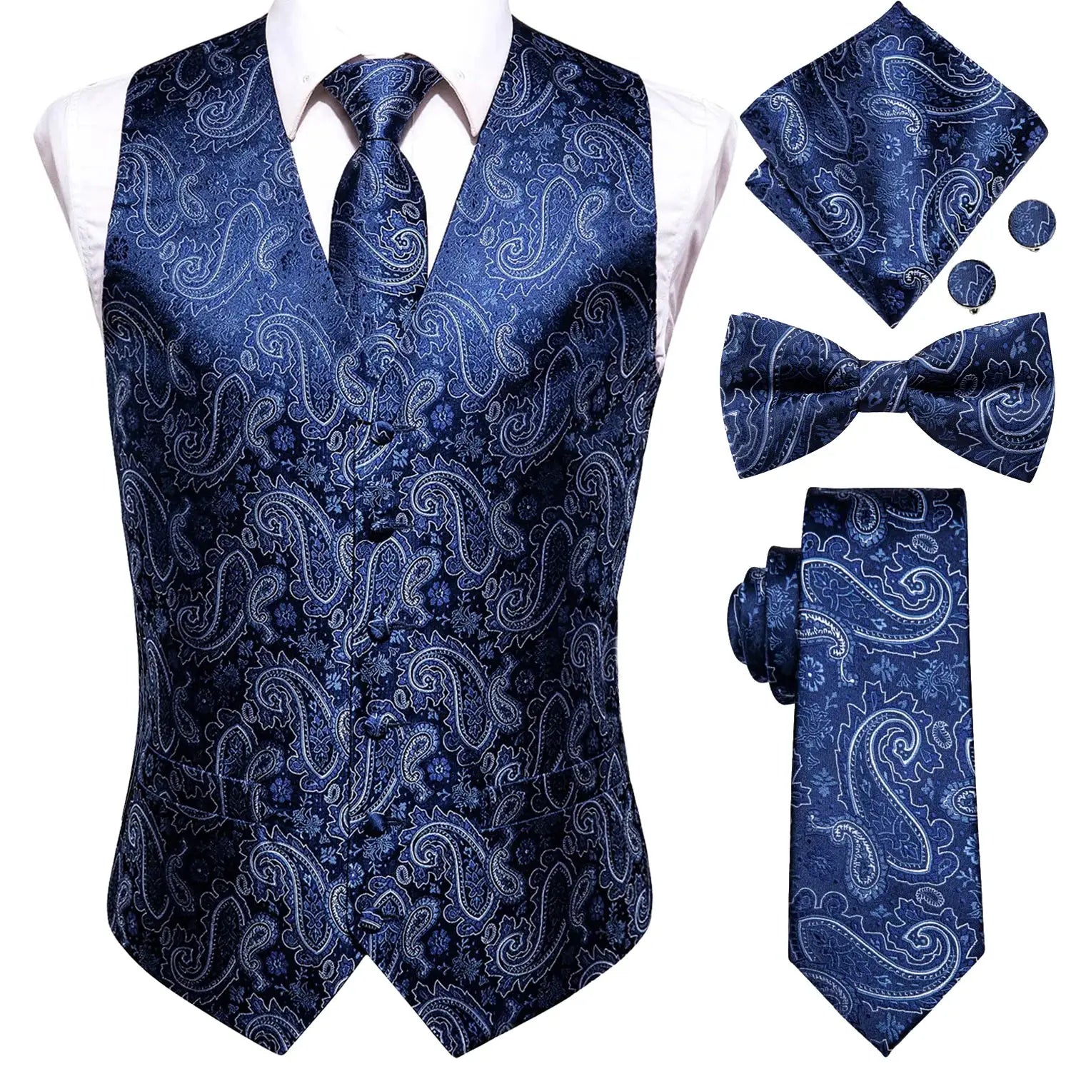 Simples Market blue paisley men's waistcoat set with vest, tie, bow tie, pocket square and cufflinks