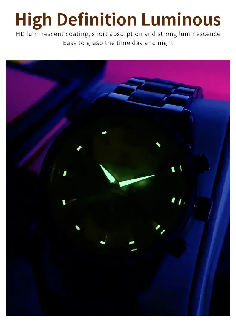 OLEVS men's watch with metal bracelet; green luminous dial markers.