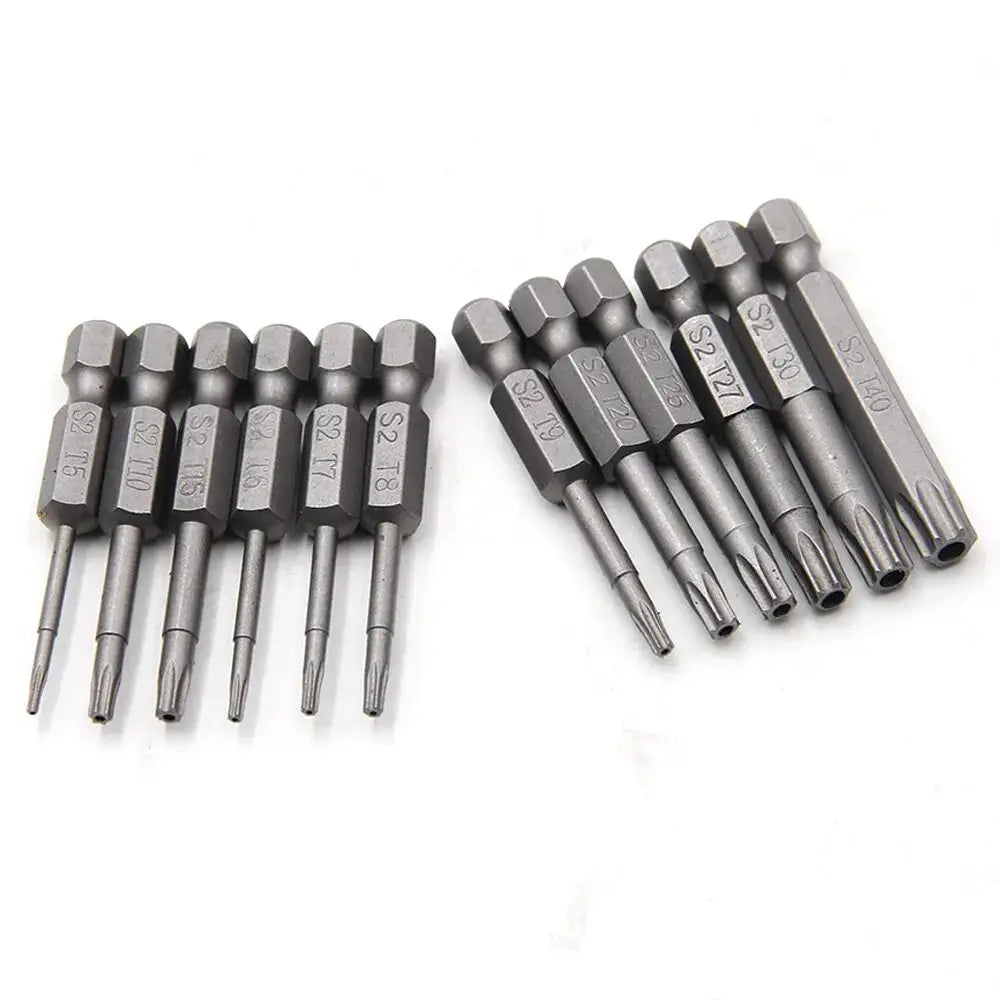 12pc Hollow Plum Blossom Screwdriver Bits 50mm Long S2 Steel Hex Shank for Woodworking Drill Set