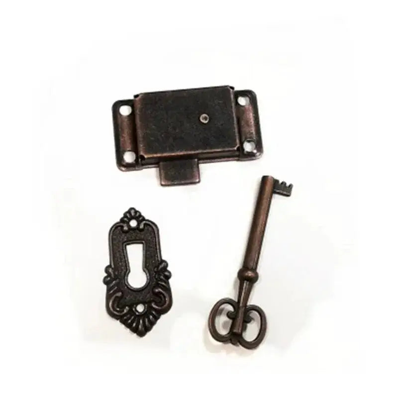 3-piece antique bronze door lock set with key and decorative escutcheon plate