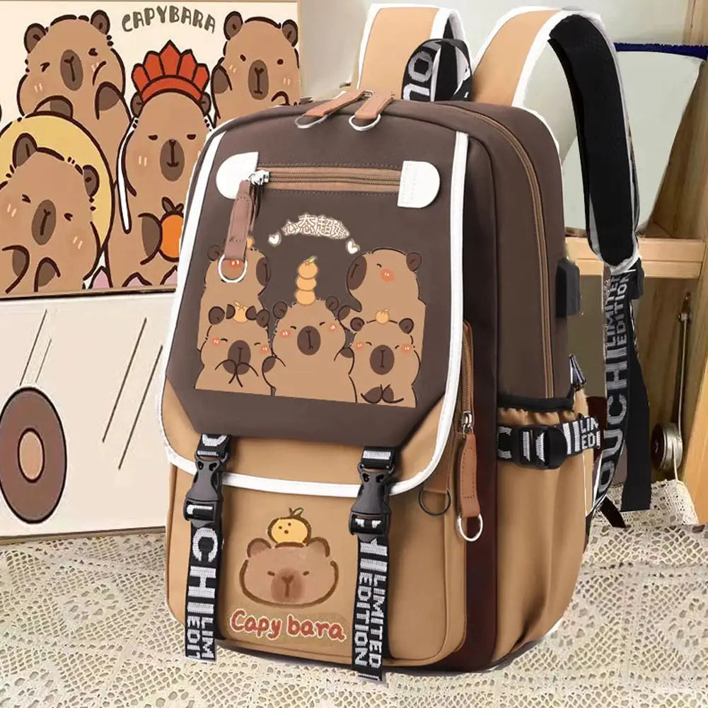 Capybara cute backpack with pencil case, brown canvas daypack by Simples Market, large capacity