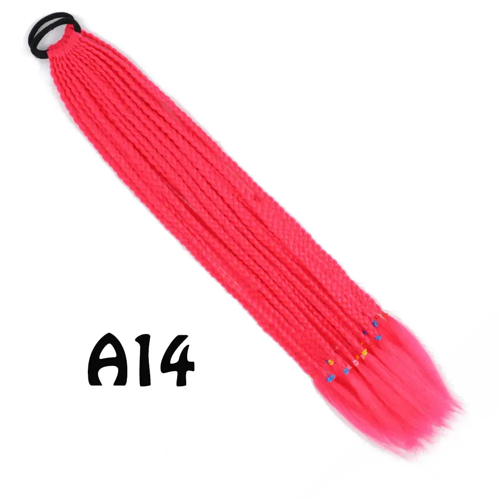Synthetic gradient pink braided ponytail extension with elastic band, 24-inch length.