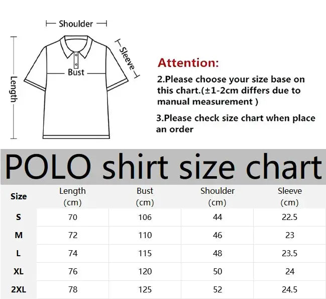Simples Market men's short-sleeved polo shirt with breathable 3D pattern print, displayed beside a size chart.