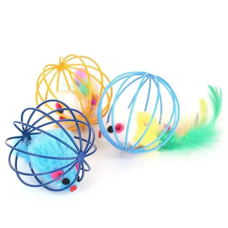 3-pack of colorful wire-ball cat toys with fuzzy mice inside; blue, yellow, and sky-blue cages.