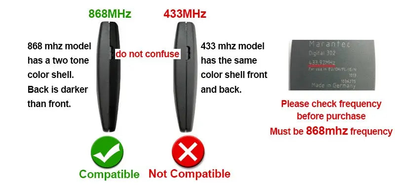 Simples Market garage door remote duplicator; 868MHz two-tone shell compatible, 433MHz model not compatible.