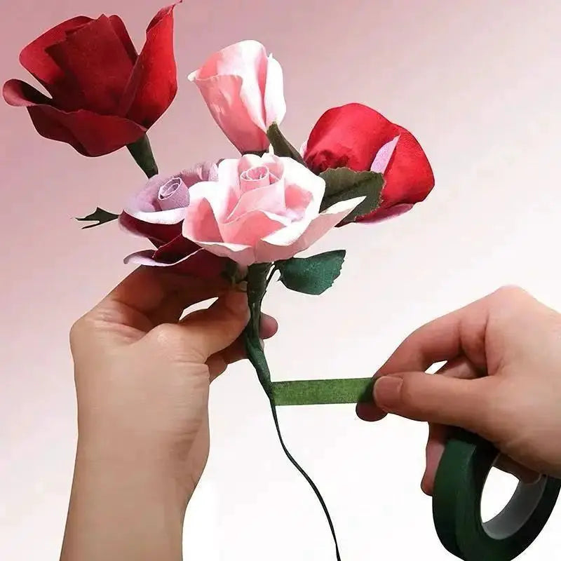 20m floriculture tape for DIY bouquets; green self-adhesive tape wrapped around pink and red paper roses