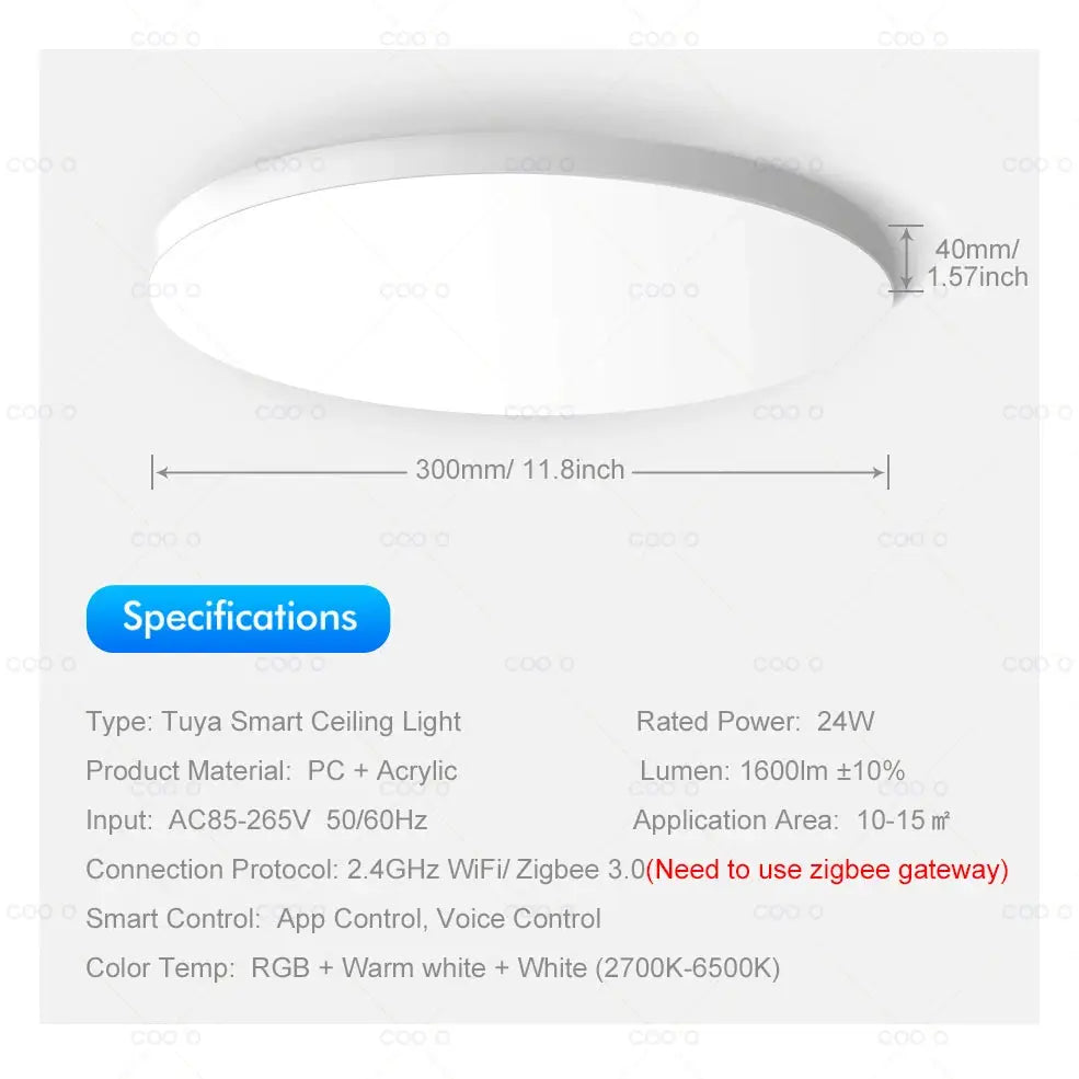Simples Market Tuya Zigbee RGB-CW round smart ceiling light, 24W, 1600lm, 300mm dia, 40mm height, app/voice control