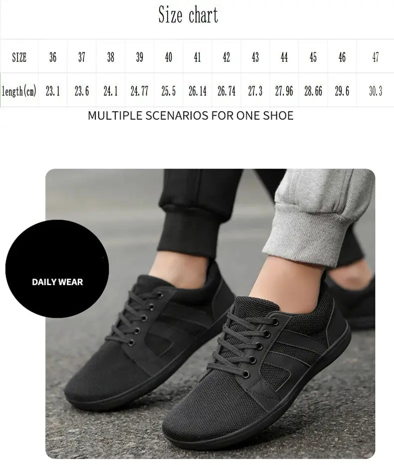 Wide-toed black sneakers by Simples Market, pair of breathable mesh casual sports shoes for daily wear.