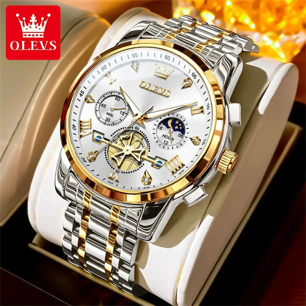 OLEVS two-tone stainless steel men's watch with moon phase and gold bezel