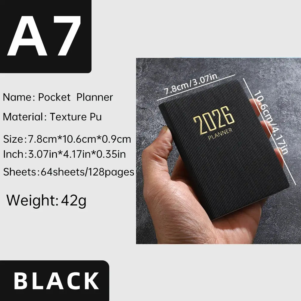 Black A7 pocket planner with textured PU cover, 2026 edition, 64 sheets/128 pages