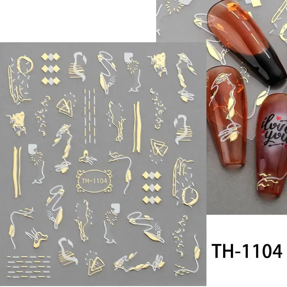 Nail art decals sheet with gold bronzing stripes, geometric lines and floral motifs for Y2K nails, TH-1104.
