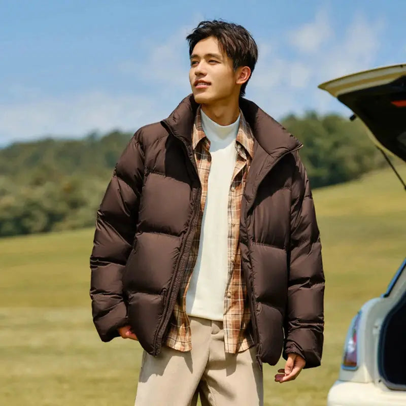 Puffer jacket for men, brown, short style, outdoor scene
