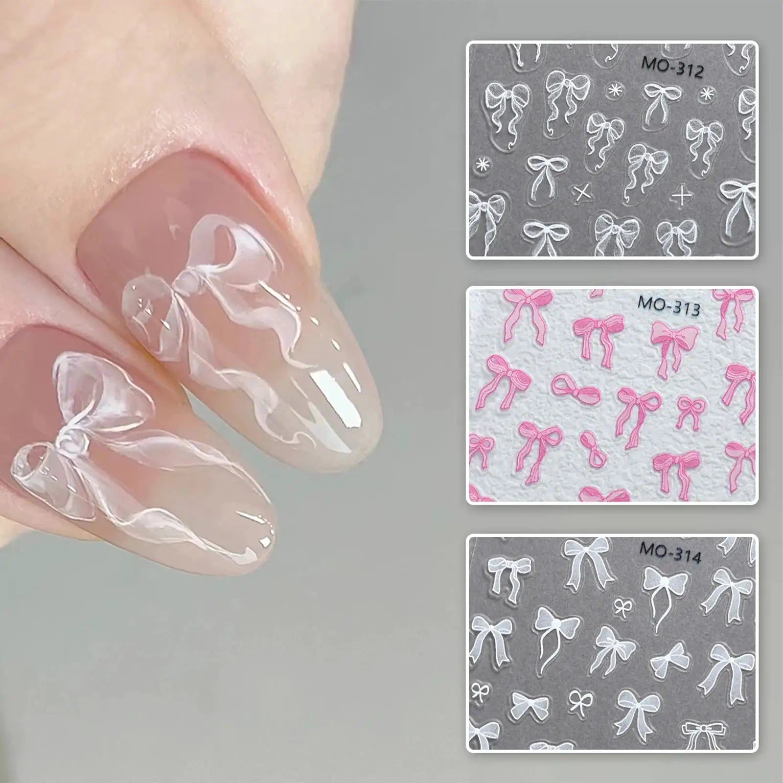 Bowknot Nail Stickers 3D Relief White Ribbon Pink Self Adhesive Nail Art Decals For Tips Manicures