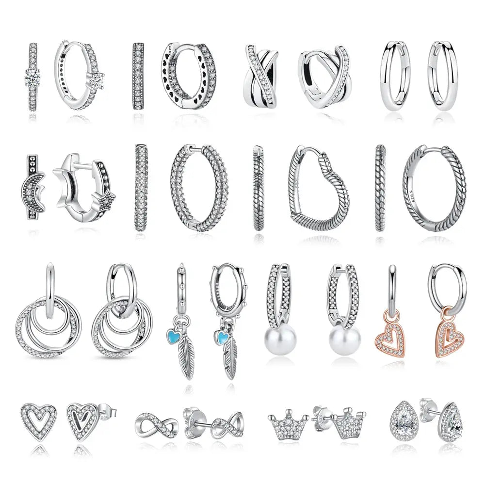 925 Sterling Silver Stud Hoop Earrings For Women Crystal Zircon Rose Gold Crown Heart Infinity Bee Design Jewelry
