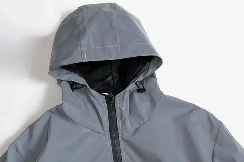 Hooded jacket in gray polyester with front zipper, solid color