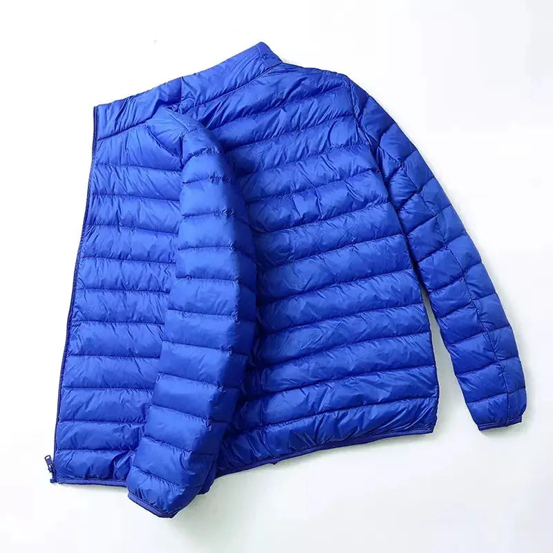 Down jacket, blue ultralight duck-down hooded quilted puffer coat for men