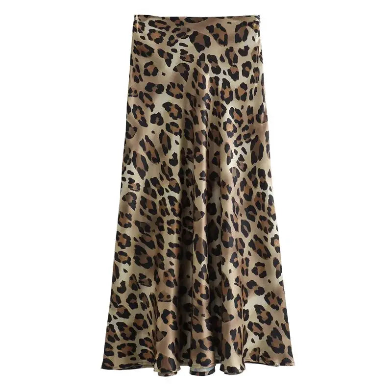 HXAO Leopard Print Satin Midi Skirt For Women High Waist Flattering Vintage Style