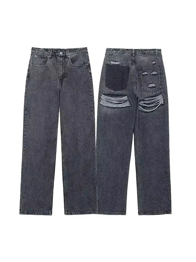 HH 2024 Womens Distressed Patchwork Denim Jeans High Waist Ripped