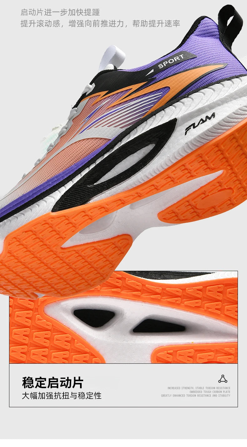 Men's running shoes with breathable purple mesh upper and orange outsole