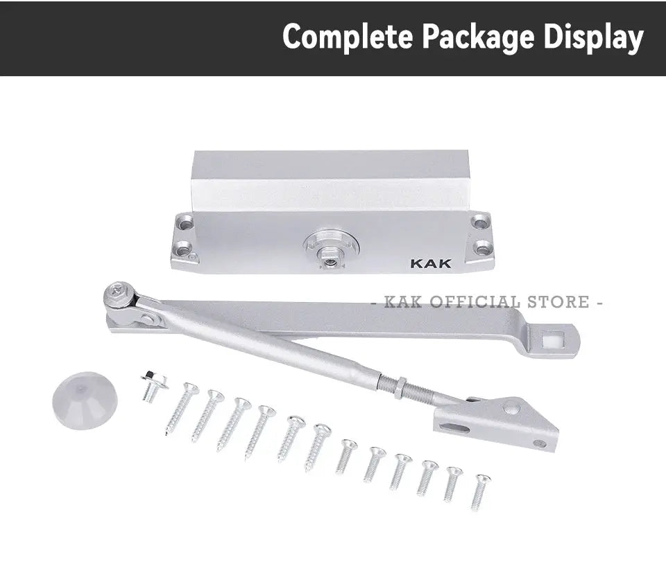 KAK hydraulic door closer kit by Simples Market for 25–80 kg doors; includes arm, cap and mounting hardware