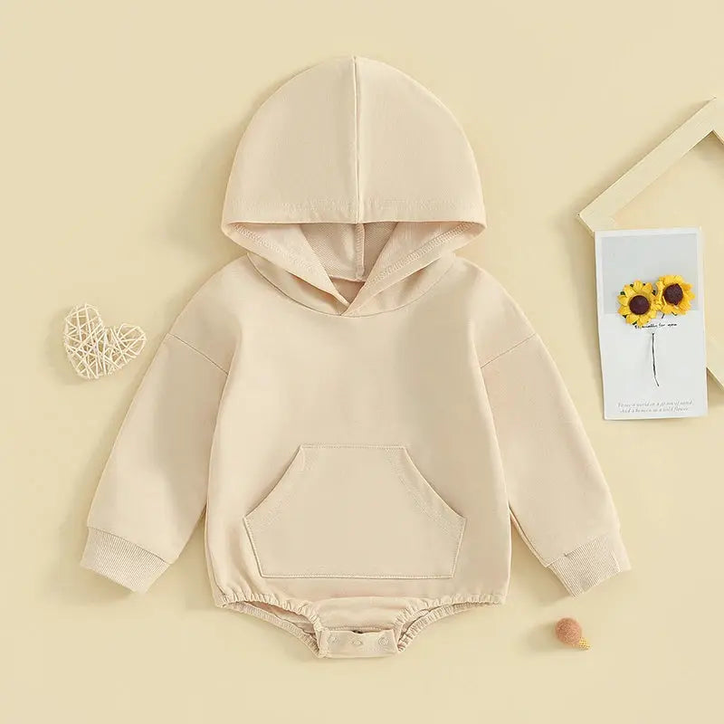 Baby Hooded Romper With Front Pocket Long Sleeve Solid Color Bodysuit For Newborn Boys And Girls Spring Autumn Playsuit
