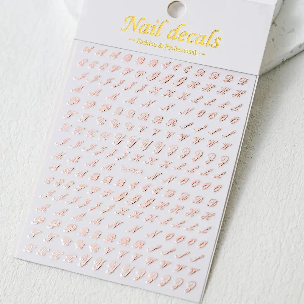 1pc 3D Roman letter nail decals sheet with rose-gold metallic self-adhesive script letters for manicure