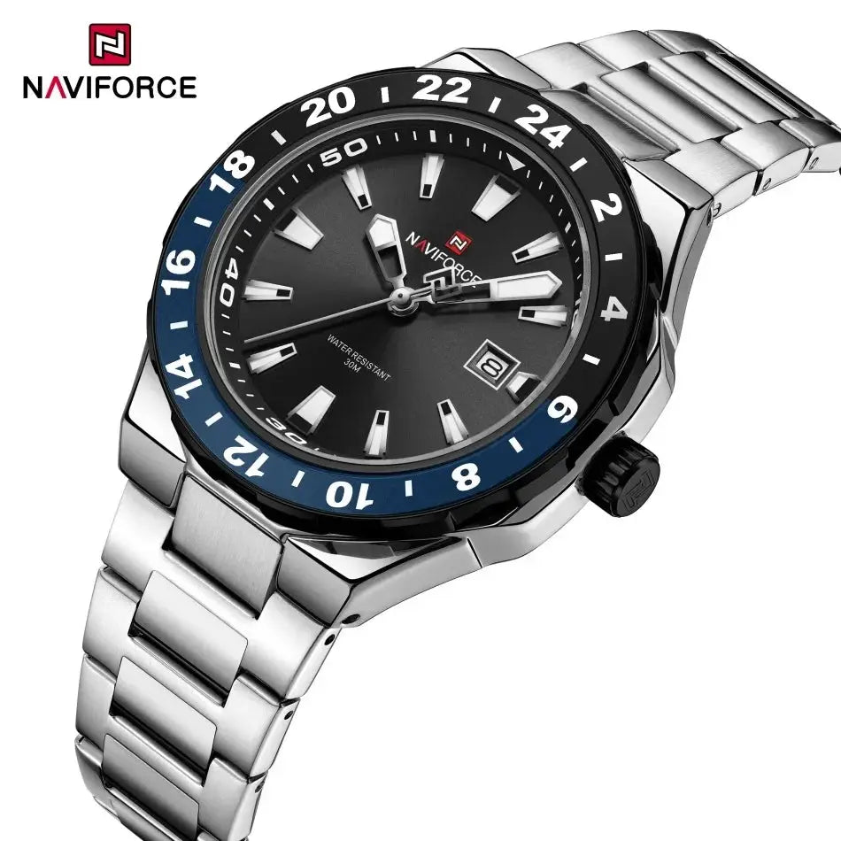 NAVIFORCE men's luxury sport watch with stainless steel bracelet, black dial, blue 24-hour bezel and date window