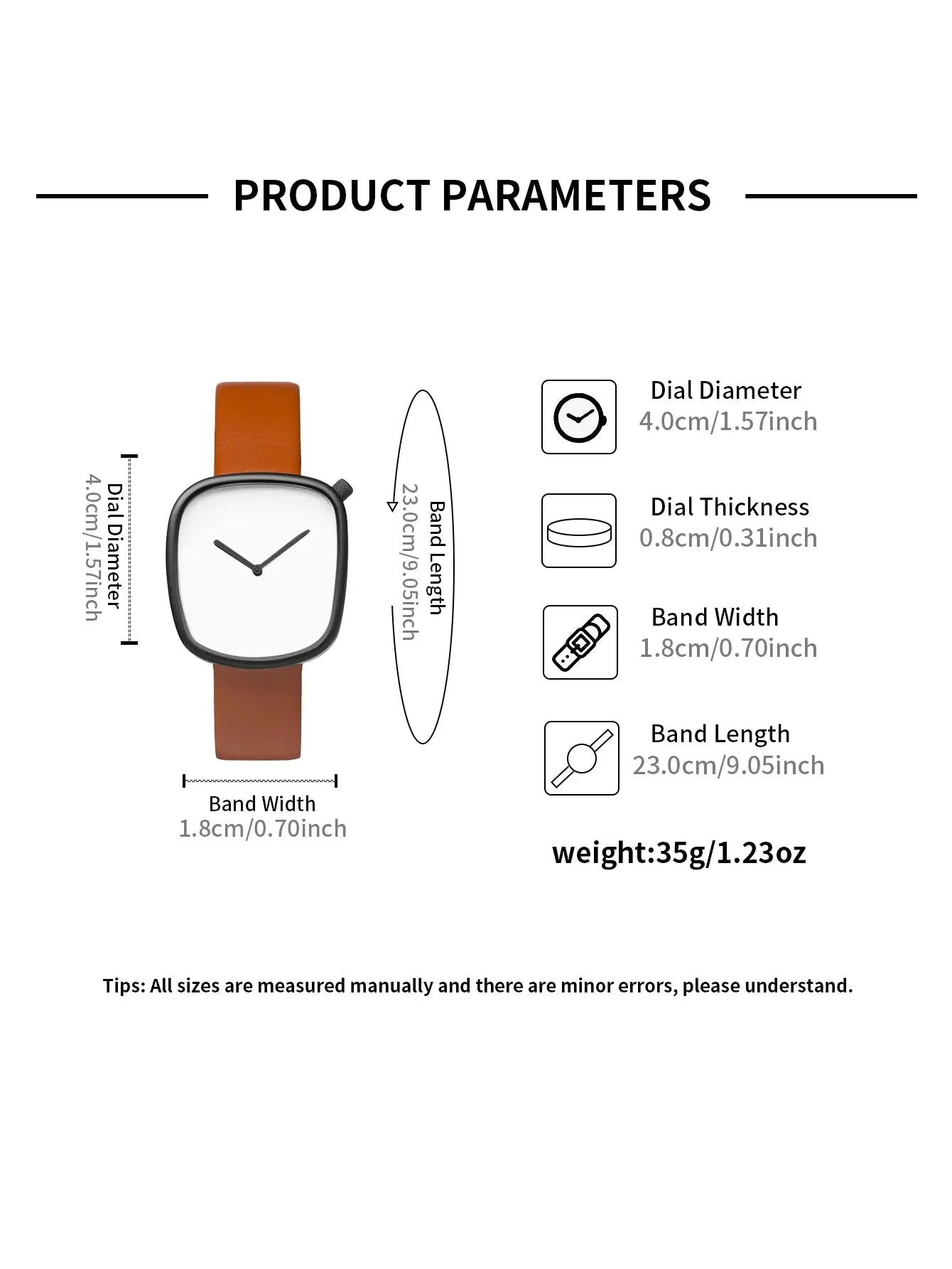 TOMI Watch by Simples Market; minimalist square quartz watch with tan leather band and white dial, sleek case.