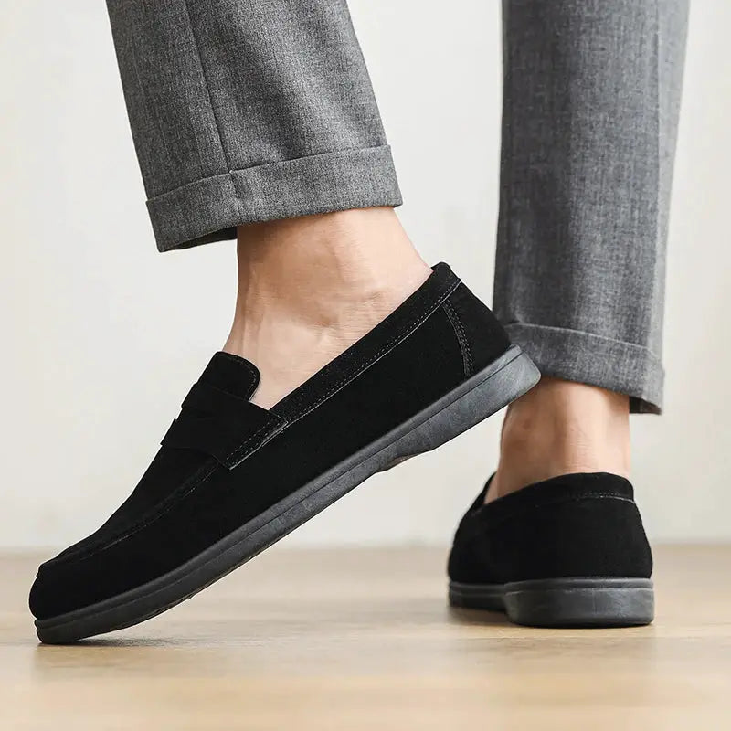 Men's black suede slip-on loafers with gray sole, lightweight casual walking shoes