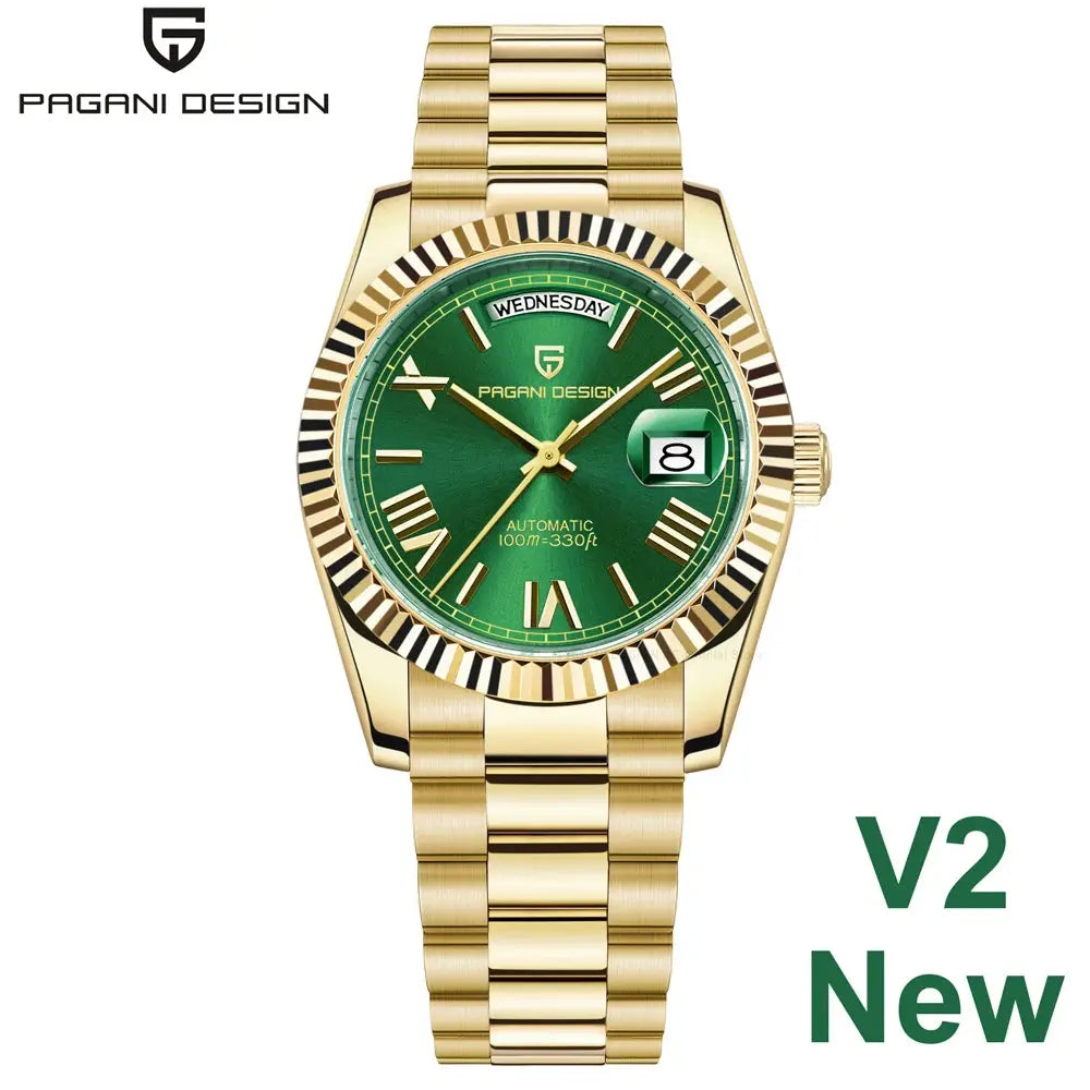 PAGANI DESIGN gold-tone stainless steel automatic men's watch with green dial and day/date window