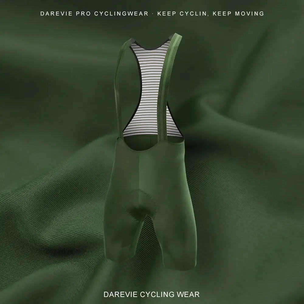 DAREVIE cycling bib shorts, green seamless 4-way-stretch with striped bib straps