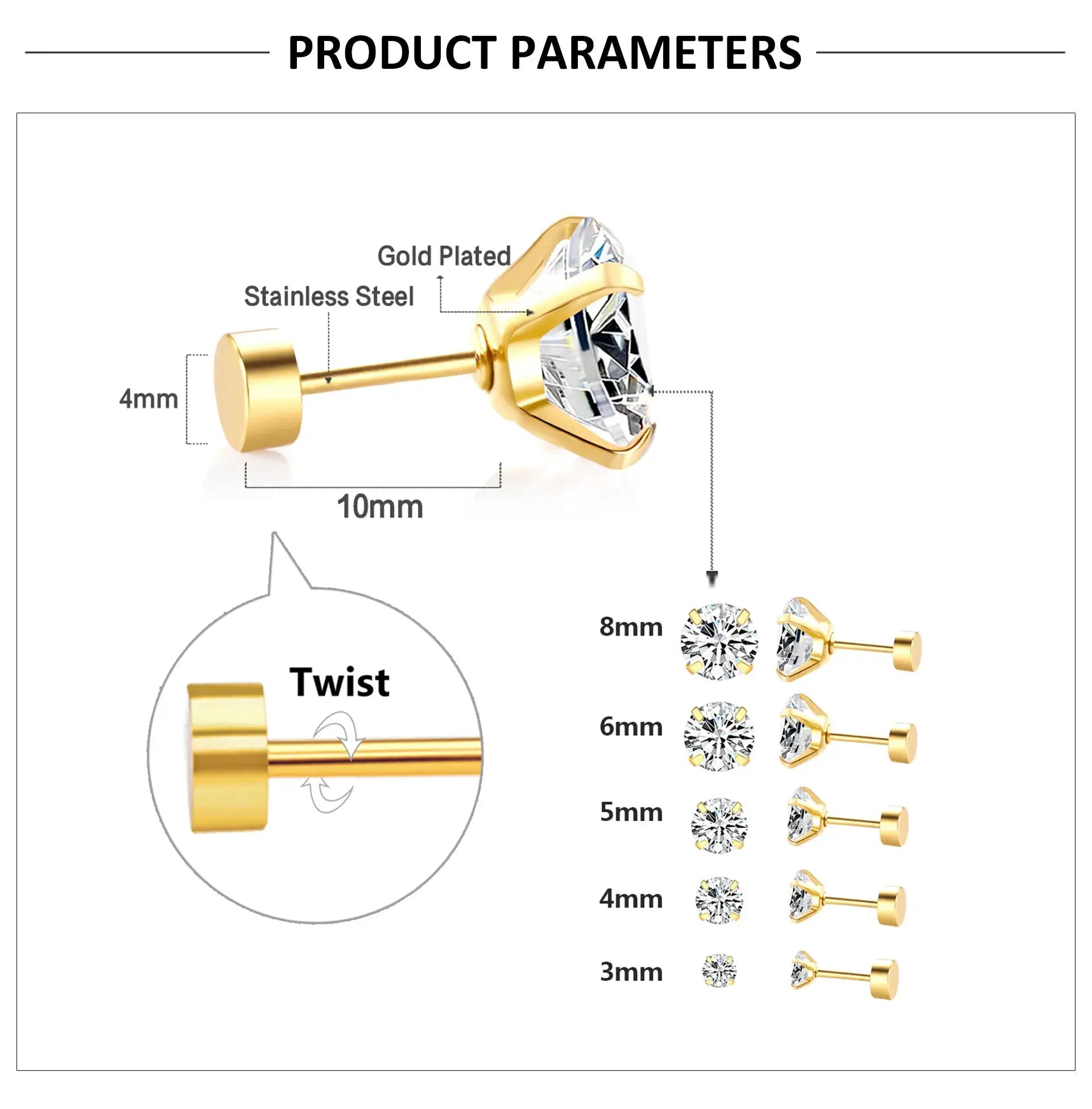 Simples Market LUXUSTEEL gold-plated stainless steel crystal stud earrings, 4-prong round CZ, 1 pair